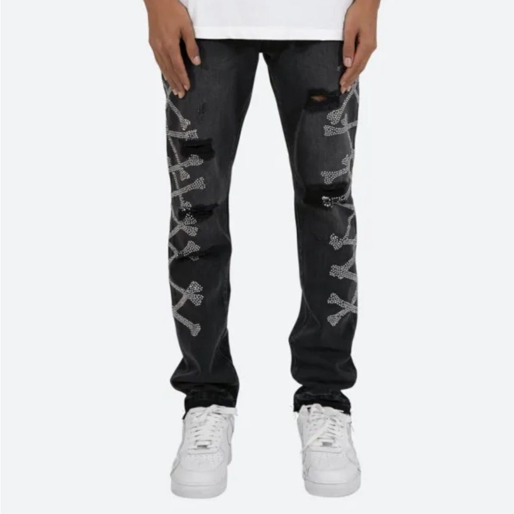 MNML Charcoal Skinny Jeans with Cross Bones Stitch and Distressed Details